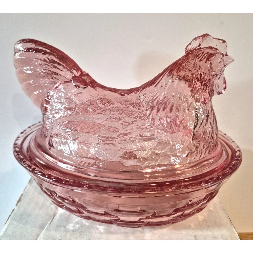Longaberger Pink Glass Hen On Nest Covered Dish Basket Candy Box w/ Original Box